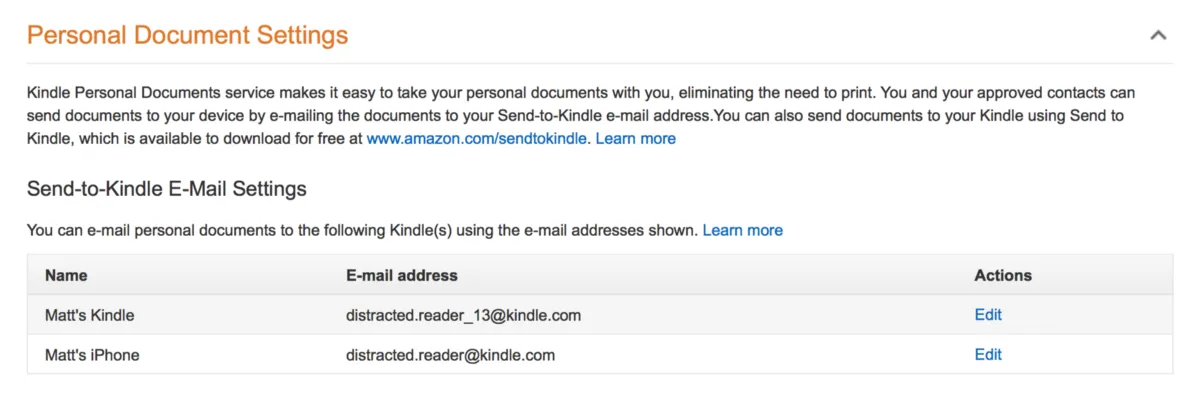 Amazon's Kindle settings page